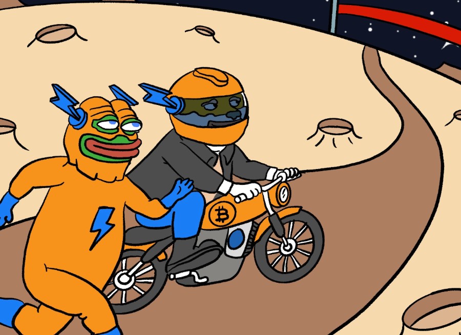 宇宙服を着たPepeとスーツ姿のキャラクターがビットコインバイクで月面を走る、Bitcoin Hyper($HYPER)の未来的な成長を象徴するイラスト