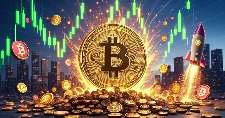 ビットコインを中心に、さまざまな暗号資産のコインが飛び交う上昇チャートのイラスト。ロケットが発射している様子が描かれ、ビットコインの再上昇や仮想通貨市場の活況を表現している。