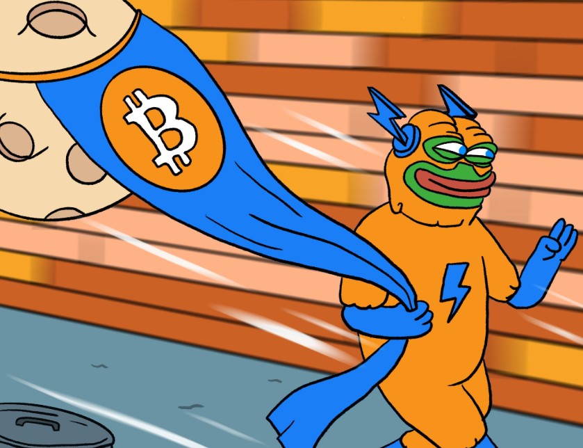 オレンジ色のキャラクターがビットコインのロゴが入ったマントを掲げ、走りながらピースサインをしているイラスト。新時代のビットコインプロジェクト『Bitcoin Hyper』を象徴的に表現している。