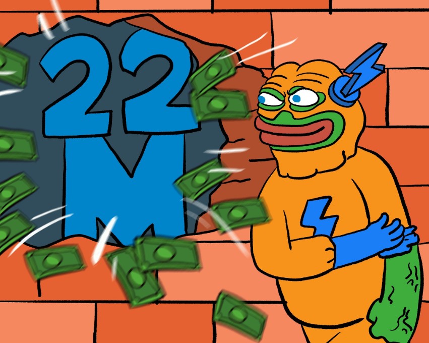 オレンジ色のキャラクターが壁に描かれた“22M”の文字の前で札束を抱きしめているコミカルなイラスト。Bitcoin Hyperのプレセールで33億円以上を調達したニュースを象徴的に表現している。