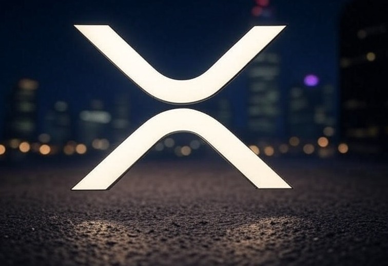 暗い背景の中に白く光る大きなX型のリップル(XRP)のロゴが浮かび上がっている