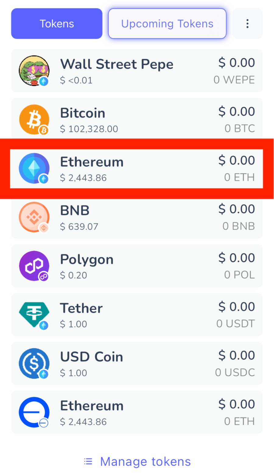 仮想通貨ウォレットのトークン一覧が表示され強調されているスクリーンショット