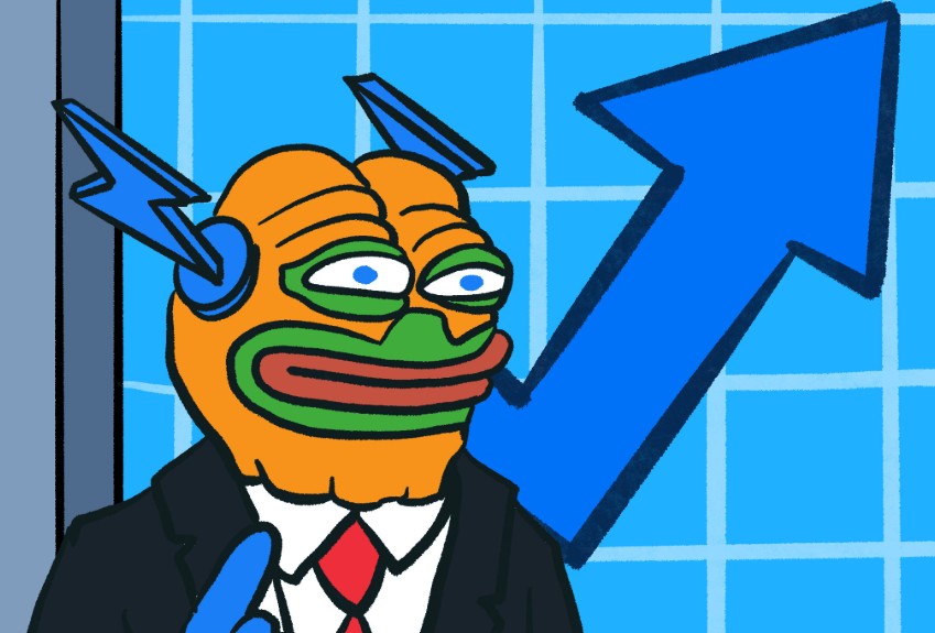 スーツ姿のキャラクター(Bitcoin Hyperのマスコット)が登場し、背景には右肩上がりの青い矢印グラフが描かれている
