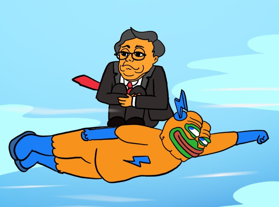 スーツ姿の人物が、オレンジのスーツを着たカエルキャラクターの背中にまたがって空を飛んでいるイラスト