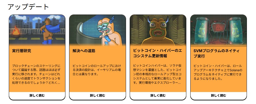 4つのオレンジ色のカード形式で、Bitcoin Hyperに関する最新アップデートを紹介。『新しい採掘計画』『戦略的提携』『ビットコイン＋ハイパーのエコシステム拡大』『開発チームのテクニカルディテール』といった見出しが並ぶ。