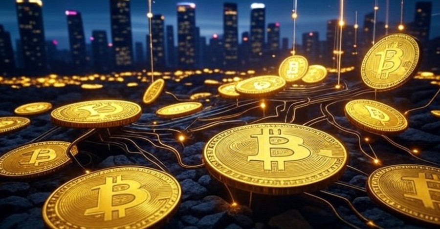 地面に置かれた複数のビットコインの金貨が光を放ち、夜の都市の高層ビル群と共に未来的な雰囲気を演出しているイメージ。
