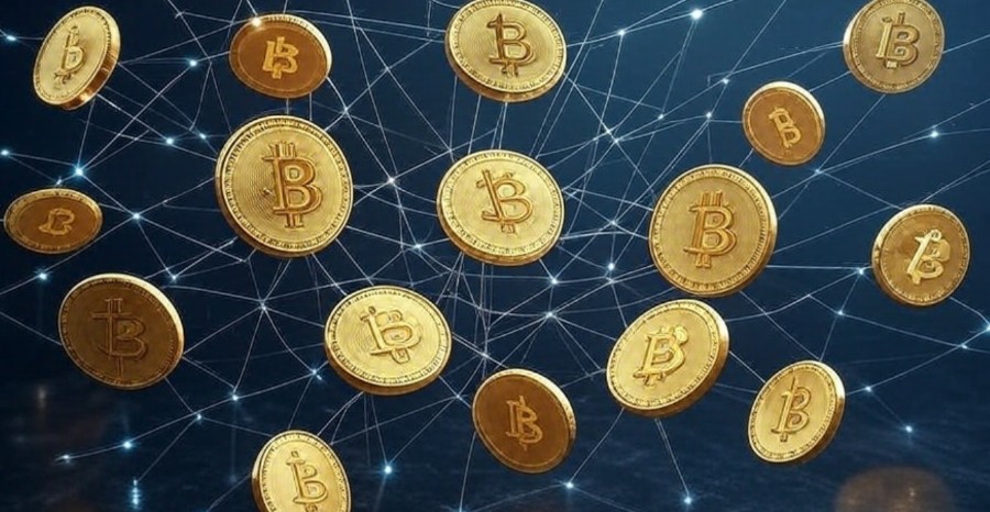 多数のビットコインの金貨が空中に浮かび、ネットワークのような線で互いにつながっている様子。BRC-20トークンの拡大や仮想通貨の相互接続を象徴するイメージ。
