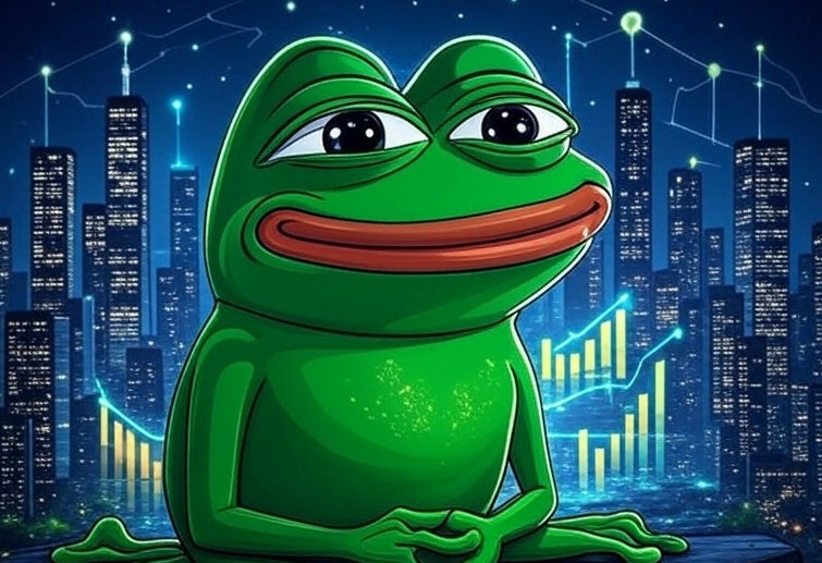 都市の高層ビル群とチャートを背景に、緑色のカエルキャラクター『Pepe』が中央に座っている。次世代ミームコインを象徴するイラスト。
