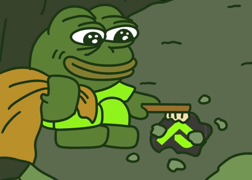 緑色のカエルキャラクター『Pepe』が鉱石の中からコインを掘り出しているイラスト。袋を背負い、楽しそうにマイニングしている様子を表現している。
