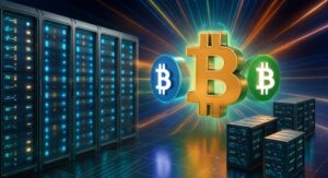 サーバールームのような大量のコンピュータが並ぶ中、中央にビットコインの巨大なロゴが浮かぶイラスト。マイニングの終焉や新たな暗号資産技術の転換期を象徴するビジュアル。