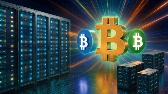 サーバールームのような大量のコンピュータが並ぶ中、中央にビットコインの巨大なロゴが浮かぶイラスト。マイニングの終焉や新たな暗号資産技術の転換期を象徴するビジュアル。