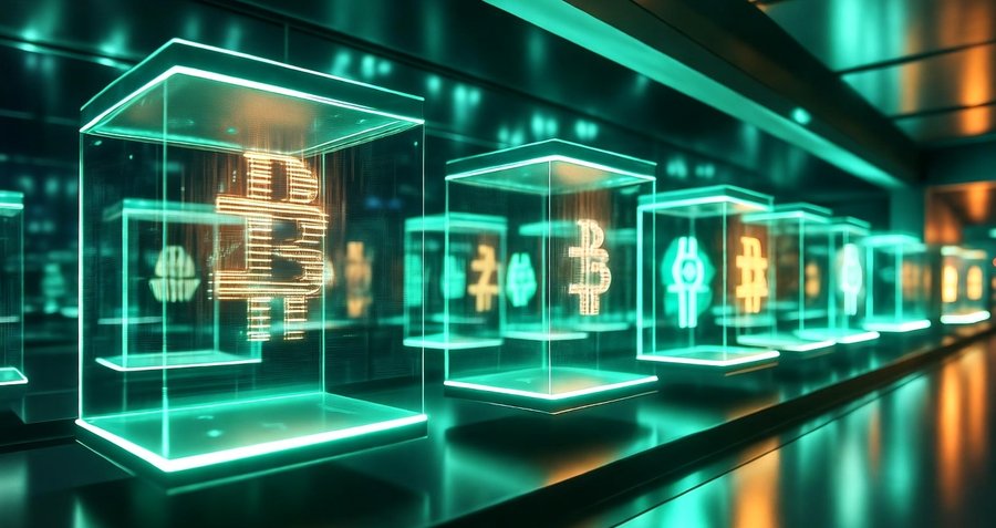 緑色の発光するデジタル空間の中で、スマートフォンやブロックがビットコインのロゴを映し出している。分散型ネットワークを活用した新時代の仮想通貨マイニングを表現した近未来的アート。