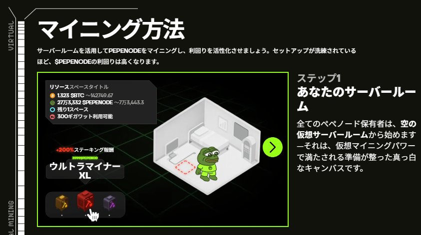 Pepenodeのマイニング方法を解説する黒と緑のインフォグラフィック。カエルのキャラクターが仮想通貨を掘り出しているイラストとともに、ウォレット接続から報酬獲得までの手順が視覚的に表示されている。