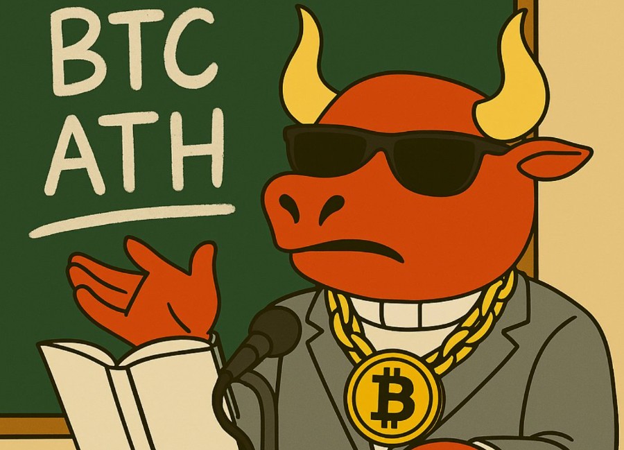 黒板に「BTC ATH」と書かれた前で、サングラスとビットコインのネックレスを身につけた赤い雄牛キャラクターがスーツ姿で講義をしているアニメ風イラスト