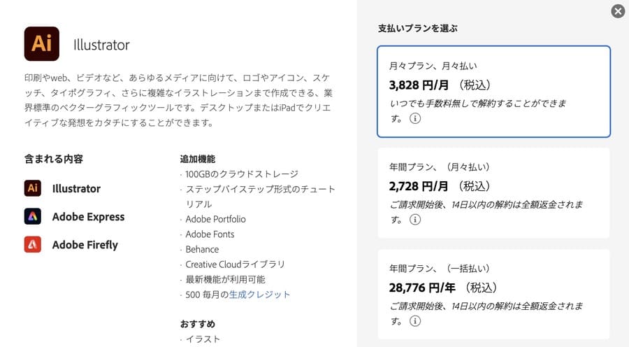 Illustratorの料金表