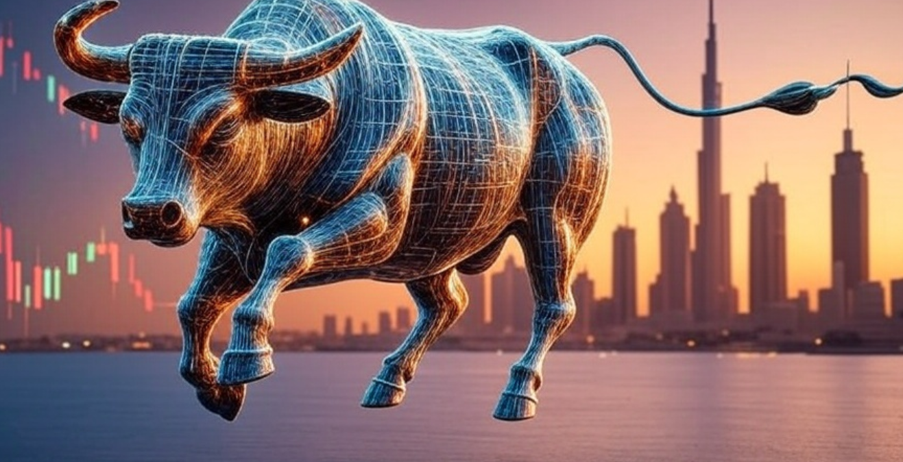 ビットコインよりも新興プロジェクト「BTCBULL」に注目すべき理由を解説する見出しと、夕焼けの都市を背景にデジタルラインで描かれたブル(雄牛)が力強く走る姿、仮想通貨市場の上昇を象徴するローソク足チャートが重ねられたイメージ。