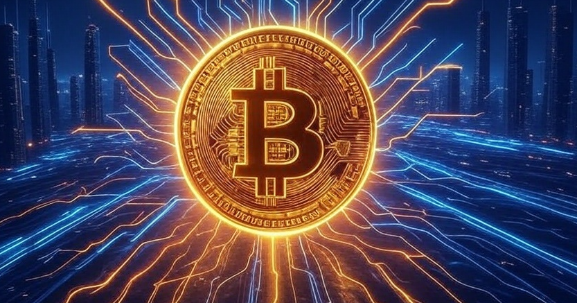 ビットコインが10万6000ドルまで反発したというニュースを伝える見出しと、発光するビットコインのロゴが都市の高層ビル群を背景に浮かび上がり、電流のようなエネルギー線が四方に広がっているイメージ。