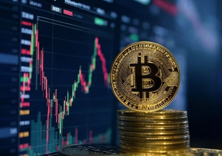 価格チャートを背景に積み重なったビットコイン硬貨で、プレセール中のBTCBULLトークンの高い注目度とビットコイン超えリターンを示すイメージ