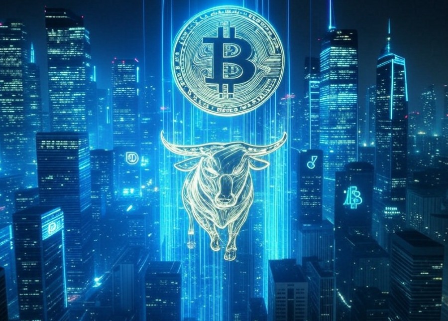 デジタル都市を背景にビットコインと雄牛が共演し、記事で取り上げるBTC Bull Tokenのポテンシャルを暗示する画像