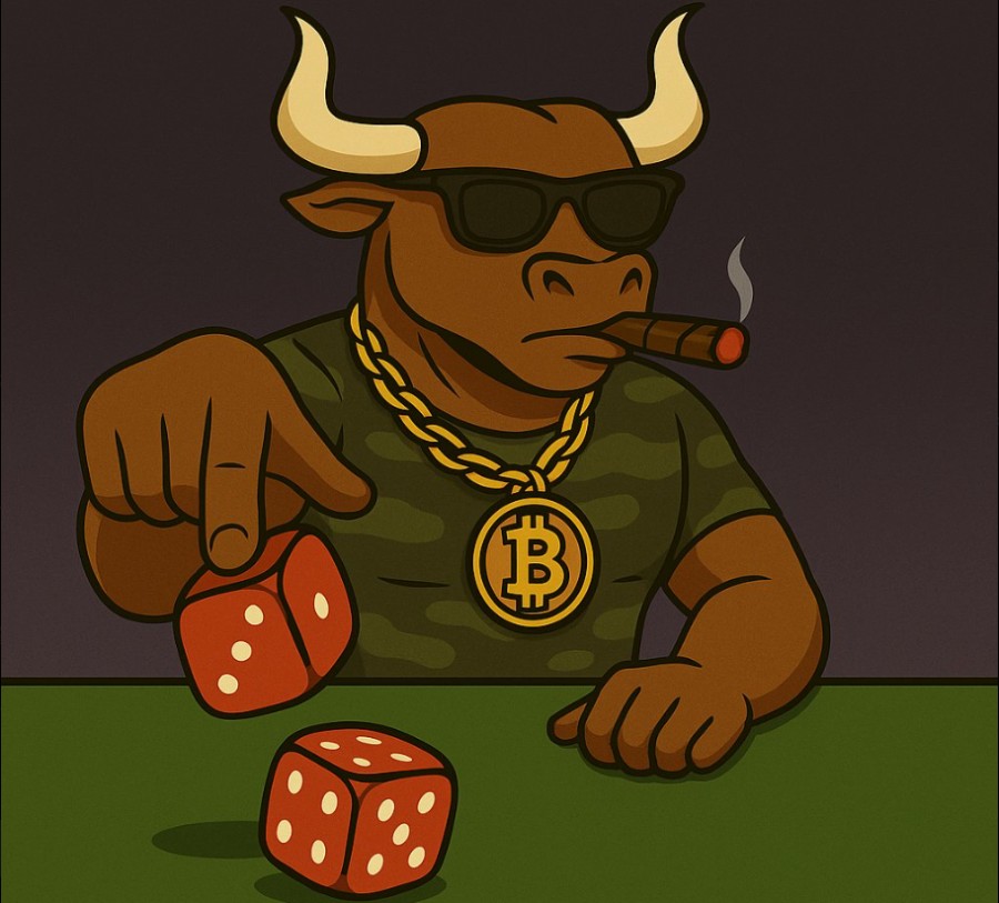 登山装備のブルがビットコイン型チャート棒を踏みしめ、上昇トレンドのチャートを登るイラスト