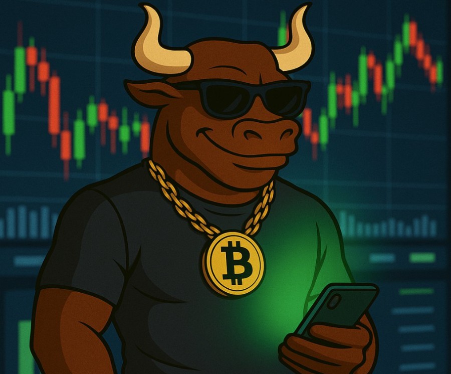 大金を背景にサングラスのブルキャラがビットコインメダルを胸に下げて佇むイラスト