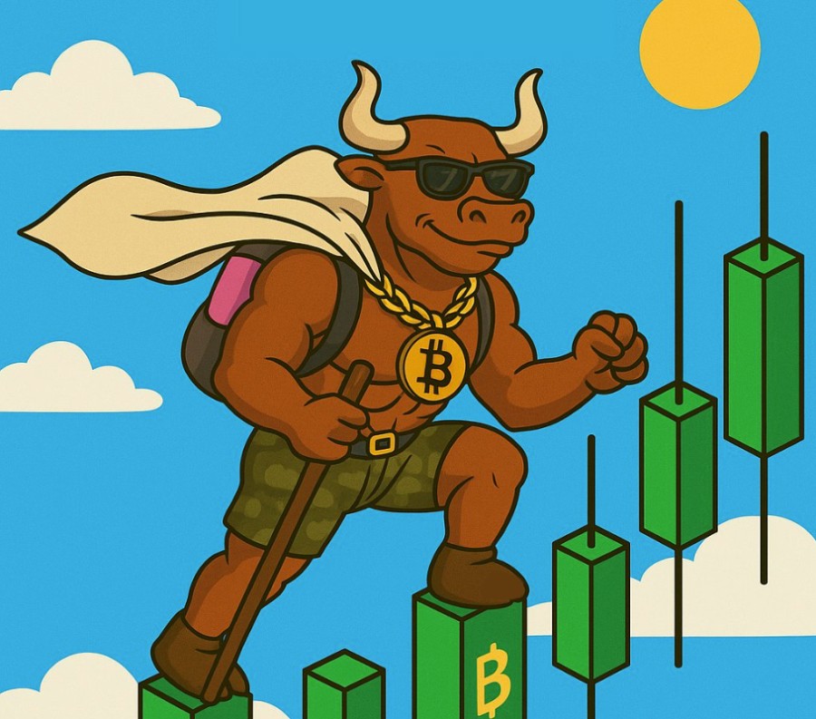 ローソク足チャートを背にスマホで取引するサングラスブルがビットコインネックレスを輝かせるイラスト