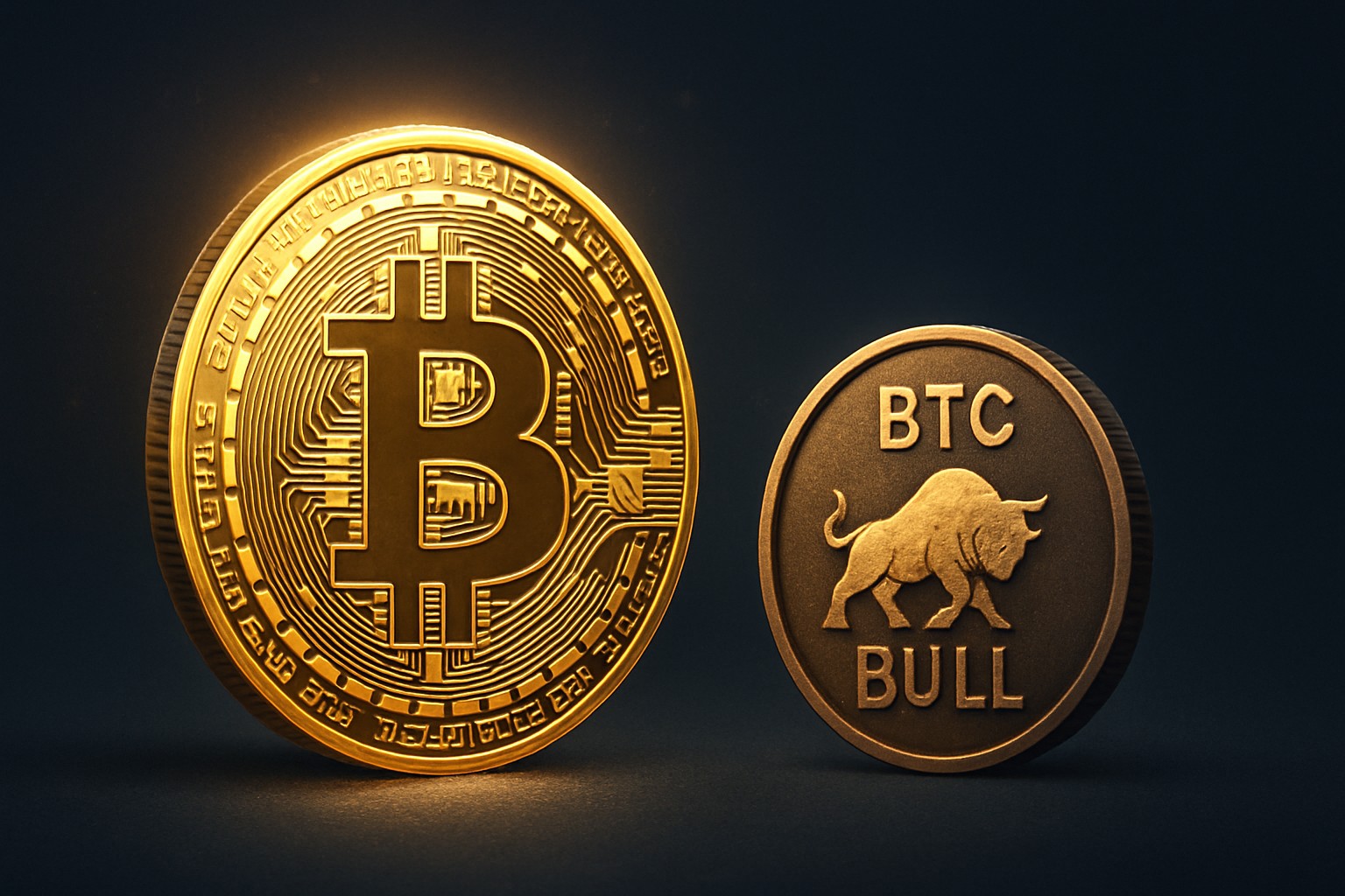 ビットコインとBTC BULLのコインが並ぶデジタルアート