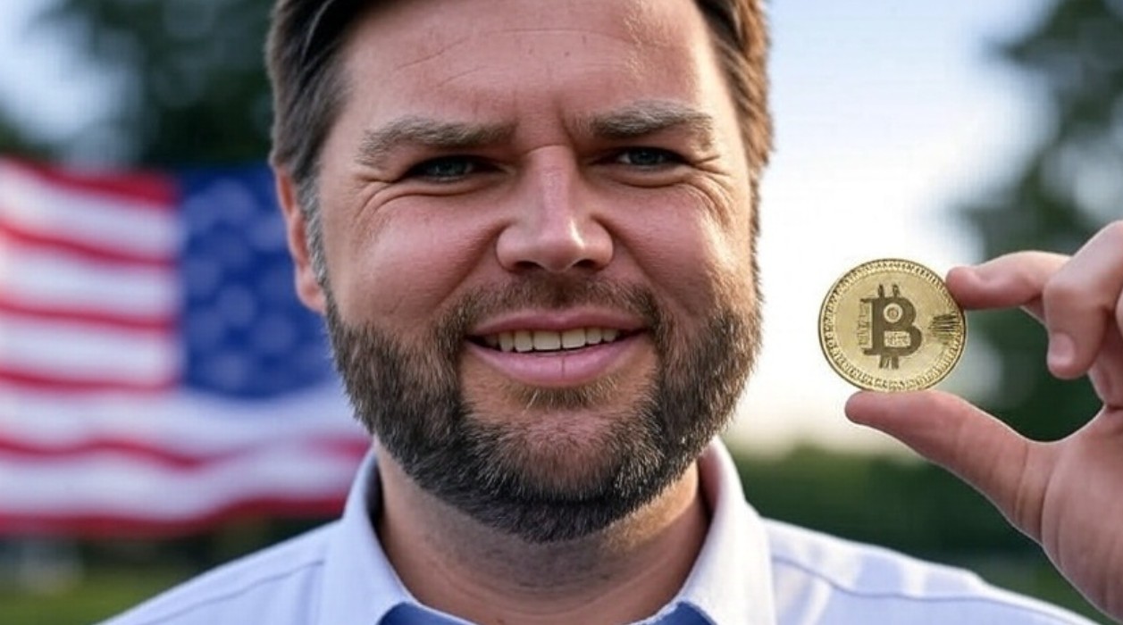 ビットコインのコインを手に微笑む男性、背景にアメリカ国旗