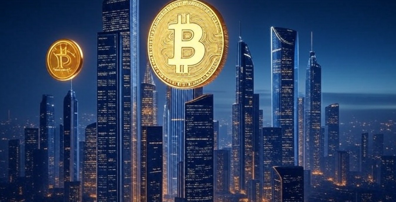 未来的な都市の夜景に浮かぶビットコインと暗号通貨のシンボル
