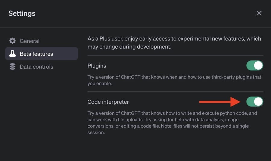 ChatGPTの設定画面からCode InterpreterをONにする