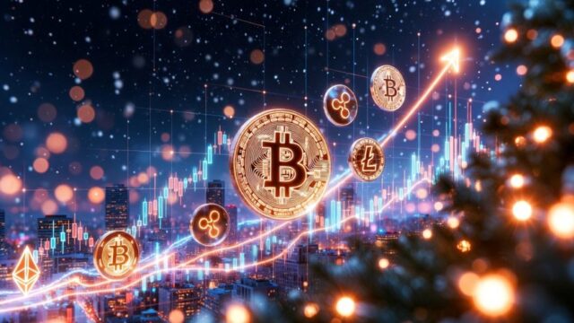 ビットコイン価格の上昇を示すデジタルチャート。クリスマス相場に向けて仮想通貨市場が活発化する様子をイメージした画像。