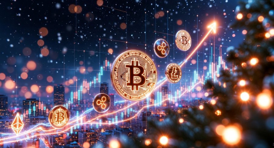 ビットコイン価格の上昇を示すデジタルチャート。クリスマス相場に向けて仮想通貨市場が活発化する様子をイメージした画像。