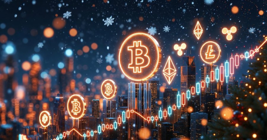 ビットコインや主要アルトの上昇を示す年末相場のイメージ画像。クリスマスシーズンに向けた仮想通貨市場の盛り上がりを表現したチャート風ビジュアル。