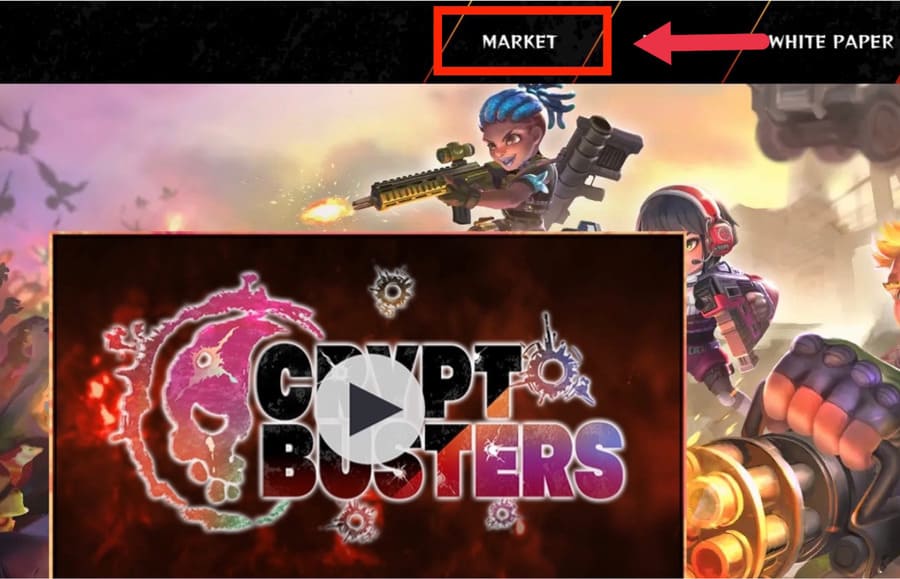 Crypt Busters公式サイト上部にあるMARKETをクリック