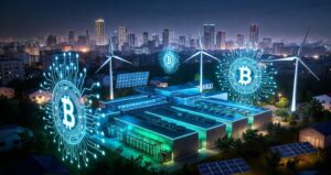 都市の夜景と風力発電タービンの上に浮かぶビットコインのシンボルを描いた未来的なマイニング施設のイメージ。