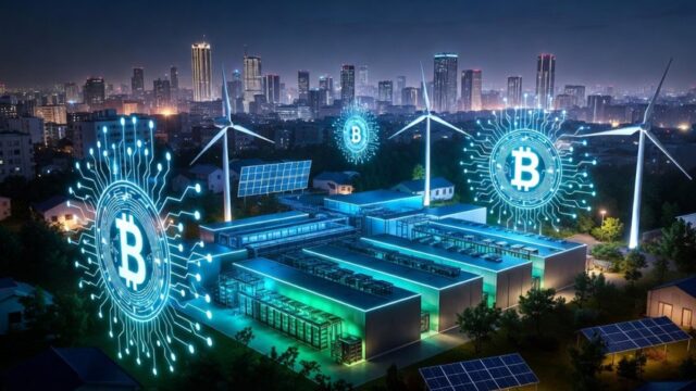 都市の夜景と風力発電タービンの上に浮かぶビットコインのシンボルを描いた未来的なマイニング施設のイメージ。