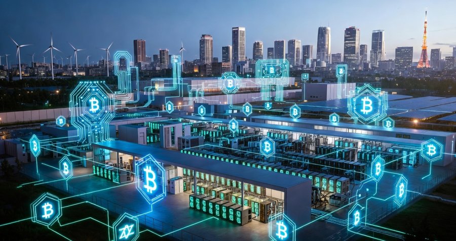 ビットコインのロゴがデジタルネットワークとして街全体に広がる様子を描いた都市型マイニングのコンセプトイラスト。