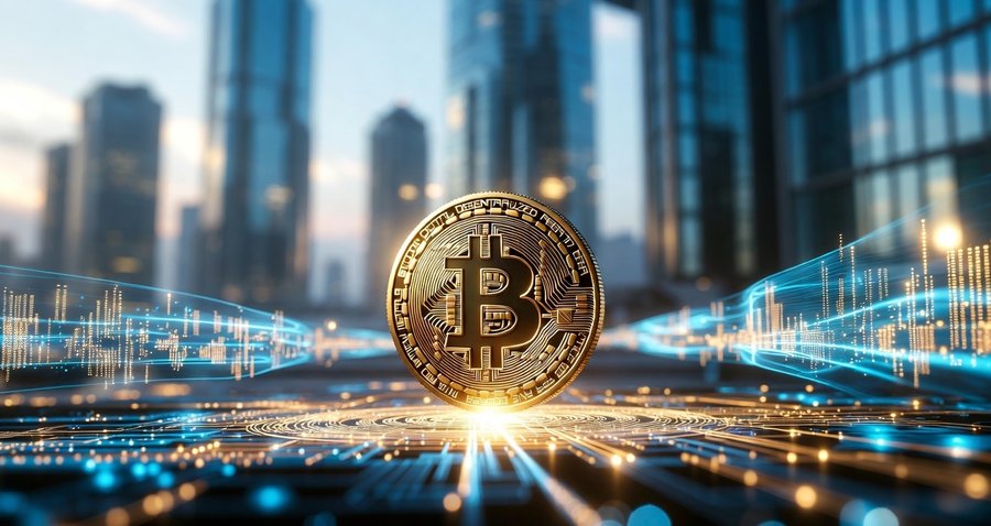 ビル群の中に浮かぶ金色のビットコインコインが光を放ちながら立つ、仮想通貨市場の象徴的なイメージ。