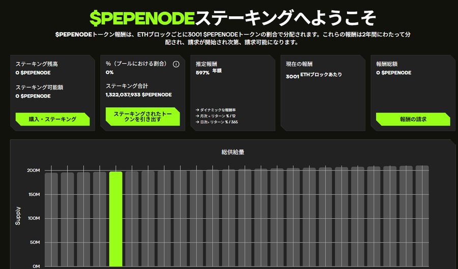 黒と緑を基調としたPepenodeのステーキング画面。利回りや報酬グラフが表示され、プレセール参加者向けの報酬状況を可視化している。