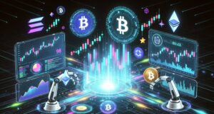 仮想通貨のチャートやビットコイン、取引所のデータを表示するディスプレイ、そしてロボットアームが仮想通貨取引を行っているシーン。仮想通貨ボットの働きとメリットを象徴する未来的なグラフィック。