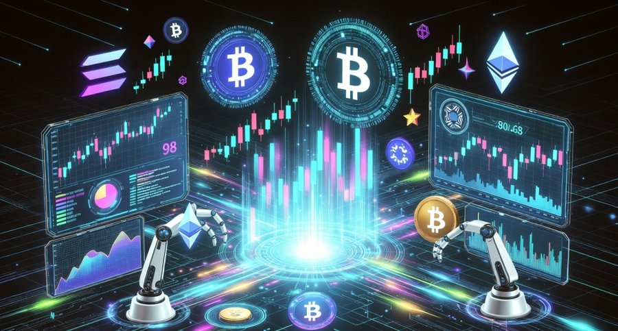 仮想通貨のチャートやビットコイン、取引所のデータを表示するディスプレイ、そしてロボットアームが仮想通貨取引を行っているシーン。仮想通貨ボットの働きとメリットを象徴する未来的なグラフィック。