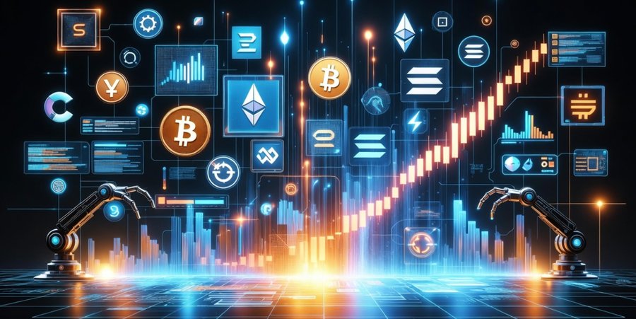 ビットコインや株式チャート、仮想通貨取引を示すアイコンが並んだインターフェースと、ロボットアームが操作するシーン。自動取引システムの概要を描いた画像。