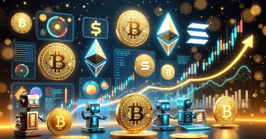 複数の仮想通貨コインが浮かび上がるデジタルアート。ビットコインやイーサリアム、ソラナなどの通貨が上昇チャートとともに描かれ、自動取引ボットによる効率的な投資を象徴している。