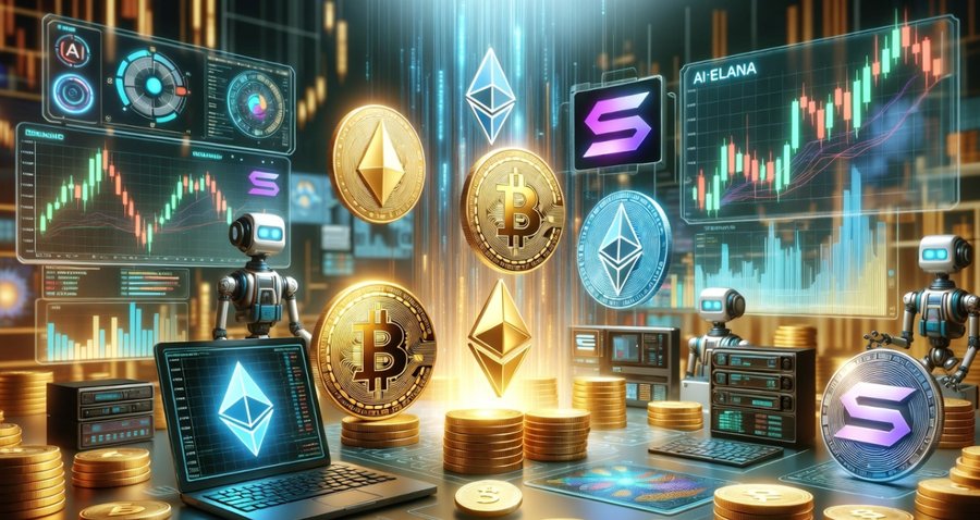 取引チャートと仮想通貨のロゴが並ぶ未来的なトレードルームのイメージ。自動売買ボットの注意点やリスク管理を表現するビジュアル。