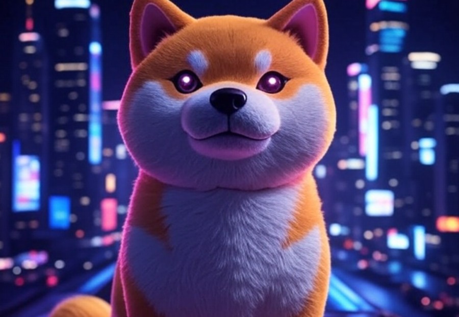 夜景の高層ビル街を背景に、やや上を見上げる柴犬キャラクターが堂々と立っている