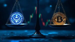 Altタグ「米連邦準備制度理事会（FRB）のシンボルとビットコインが天秤に乗せられ、市場の緊張感を表現する画像。」