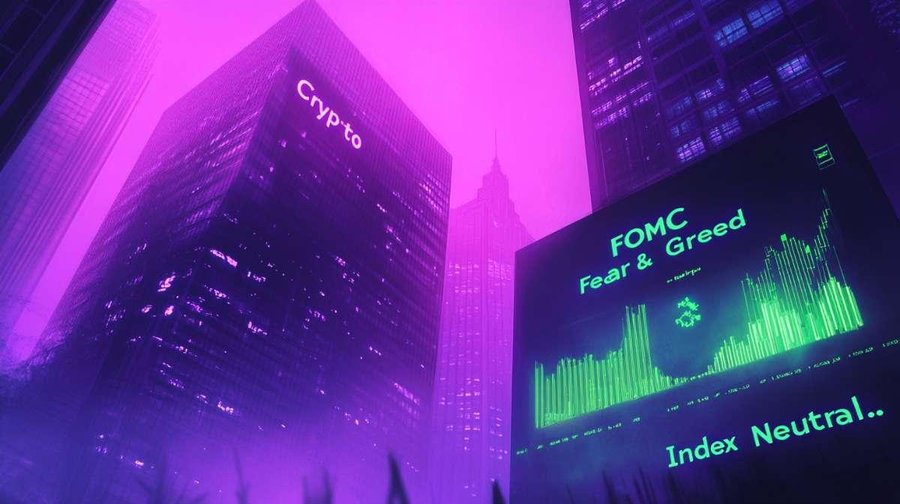 Altタグ「雰囲気のあるコンセプトアート作品。モノリシックな（一枚岩の）建物に「FOMC」というラベルが貼られ、それが薄紫色の濃い霧の中にそびえ立ち、不安げな光を放っている。その下には、黄緑色のデジタルなチャートの風景が広がり、下落と清算（リクイデーション）を示している。」