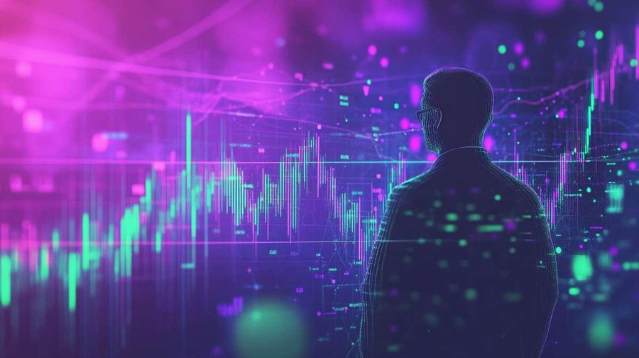 Altタグ「薄紫色と黄緑色の細い線が市場チャートを形成する複雑なデジタルネットワーク。その上に経済指標が重ねられ、中央にはパウエル議長の半透明のシルエットが立つ。」