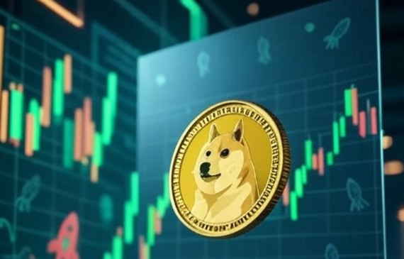 緑と赤のローソク足チャートを背景に、中央に柴犬のロゴが入った金色のドージコインが浮かんでいる。仮想通貨市場におけるDogecoinの存在感を象徴するビジュアル。
