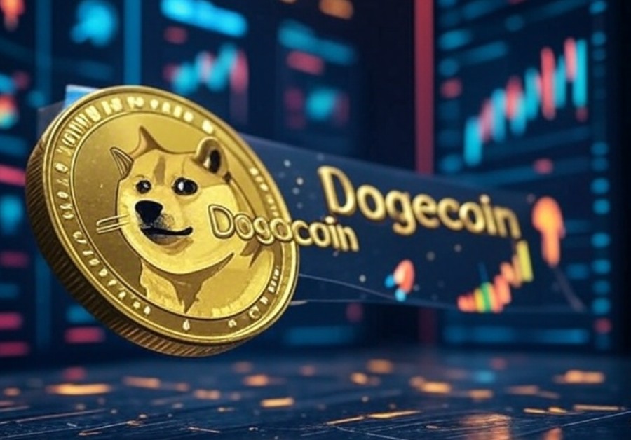 金色のドージコイン（柴犬ロゴ入りコイン）が中央に浮かび、背景にはチャートや『Dogecoin』の文字が映し出されたディスプレイがある。仮想通貨市場の活況をイメージした未来的な演出。
